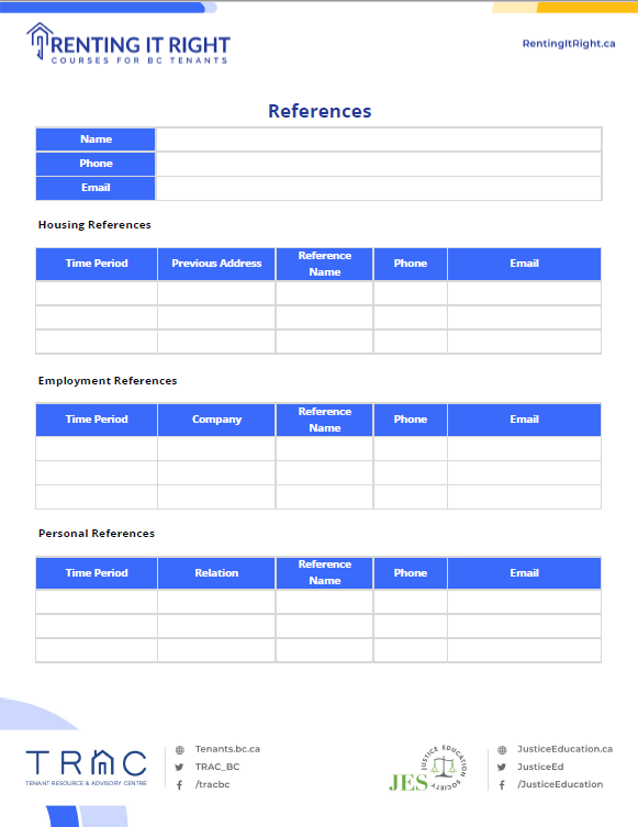 References for Rental Applications in BC Worksheet | Renting It Right